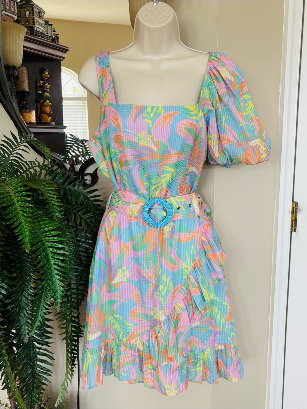 Alden Adair Naomi St Barth Tropical Pastel Ruffle Puff Sleeve Belted Mini Dress